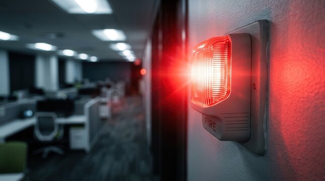 Red warning light of an emergency fire alarm system in a modern office building.