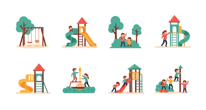 playground equipment and children playing on transparent background