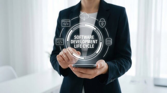 Professional business person using a mobile device to manage the Software Development Life Cycle concept.
