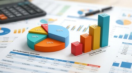 Obraz premium Colorful business charts and graphs featuring pie charts and bar graphs for data analysis.
