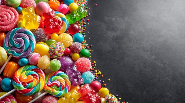 Colorful assortment of various candies including lollipops, gummies, and chocolate on a dark surface with empty space for text or design elements