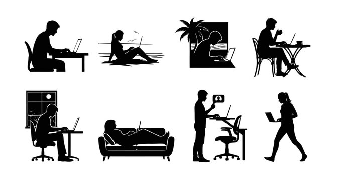 people working with laptops silhouettes on transparent background