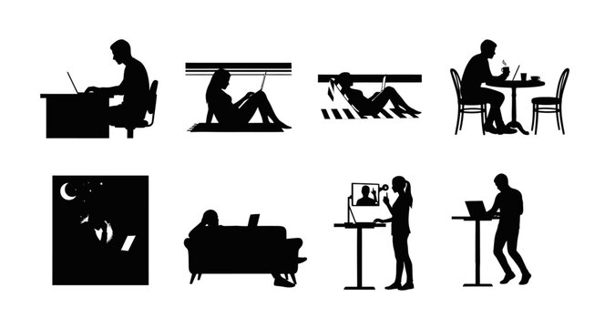 people working in various settings silhouettes on transparent background