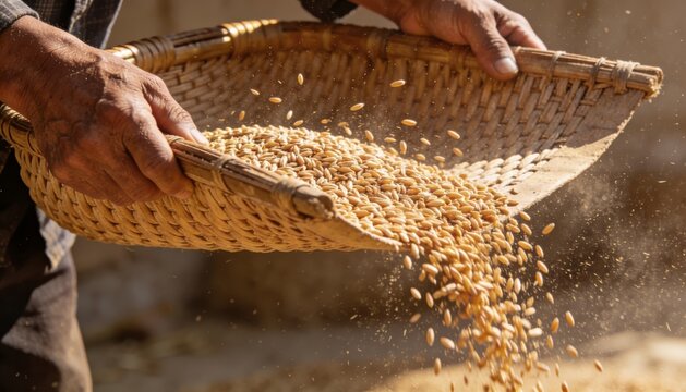 Farmer winnowing grain with a basket as wheat falls in golden sunlight