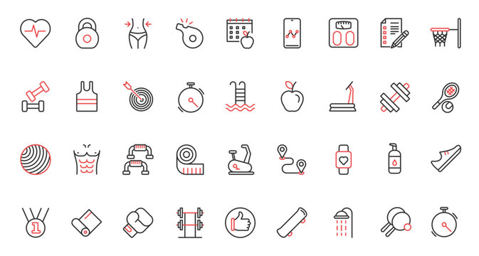 Sport exercises in gym, fitness workout red black thin line icons set vector illustration. Equipment for training strength and muscles of body, diet for weight loss, yoga mat, tennis and basketball.