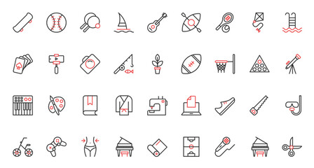 Hobby red black thin line icons set vector illustration. Weekend leisure and sport game symbols with music art and sport, reading and skateboarding, swimming and fishing, photography and vlogging. © lembergvector