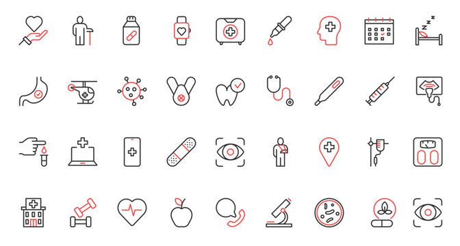 Healthy grocery food red black thin line icons set vector illustration. Fresh organic fruit and vegetables, water and tea with honey, yogurt farm milk, fish seafood and olive oil for cooking meals.