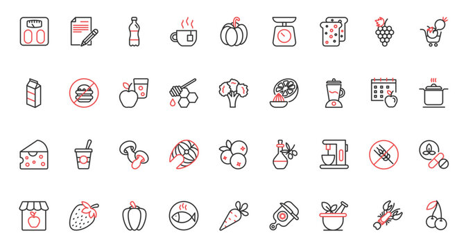 Medical diagnostics, healthcare red black thin line icons set vector illustration. Health support and help in hospital symbols and equipment for check organs, ambulance and clinic laboratory research.