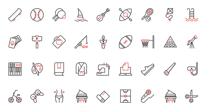 Hobby red black thin line icons set vector illustration. Weekend leisure and sport game symbols with music art and sport, reading and skateboarding, swimming and fishing, photography and vlogging.