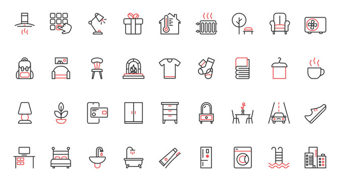 Furniture and equipment, home elements red black thin line icons set vector illustration. House interior design, apartment furnishing symbols for living room, bedroom, kitchen and bathroom.