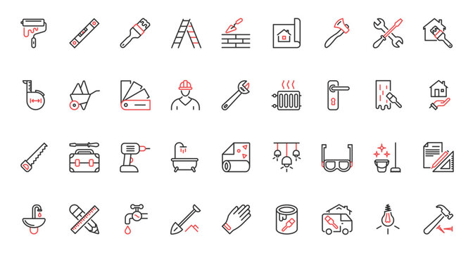 Home repair and decoration red black thin line icons set vector illustration. House renovation pictogram collection with wall paint roller, brush and hammer, level and drill tools for builders work.