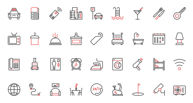 Bar and restaurant, reception and taxi for tourists with luggage, parking and laundry, room furniture for hostel and payment. Hotel service trendy red black thin line icons set vector illustration.