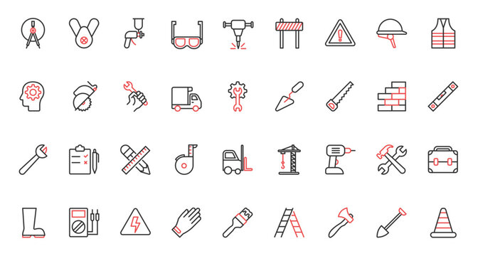 Paint brush and wrench, saw and shovel from mechanical repair toolbox, construction crane and drill, road barrier. Workers tools in industry trendy red black thin line icons set vector illustration.