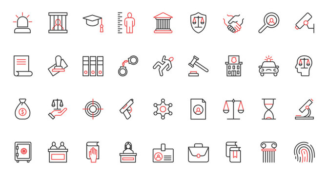 Documents for agreement and judgment, legal system badges and symbols, judge gavel and injunction, police station and prison. Law and justice trendy red black thin line icons set vector illustration.
