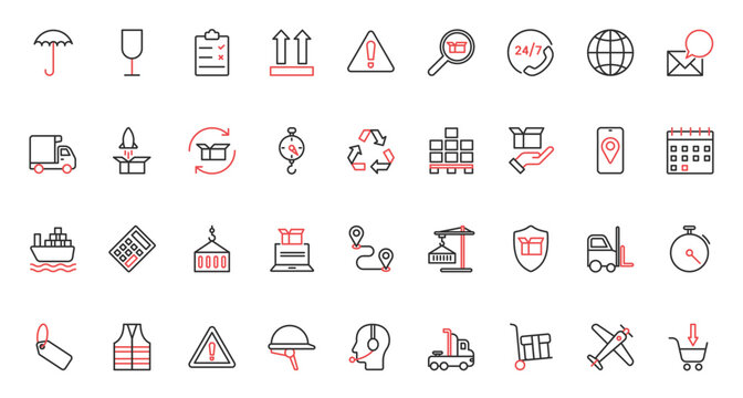 Truck, ship for fast shipment of freight parcels, crane forklift, umbrella shield. Worldwide delivery support service, logistics and transport trendy red black thin line icons set vector illustration.
