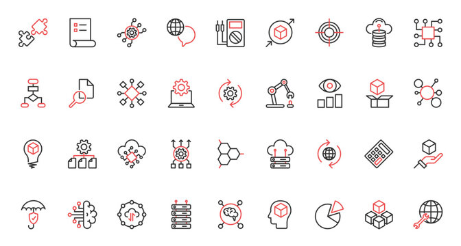 Intelligent machine with neural electronic system, innovation of artificial intelligence digital data support. AI, machine learning science trendy red black thin line icons set vector illustration.