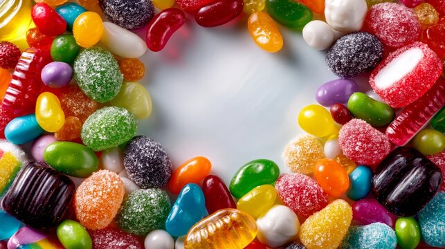 Colorful assortment of various candies including jelly beans, gummies, and hard candies arranged in a circular frame with a blank center for text or design