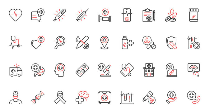 Hospital equipment, medical care and help by doctor, herbal drugs therapy, pills and vitamins prescription from pharmacy. Medicine, healthcare trendy red black thin line icons set vector illustration.