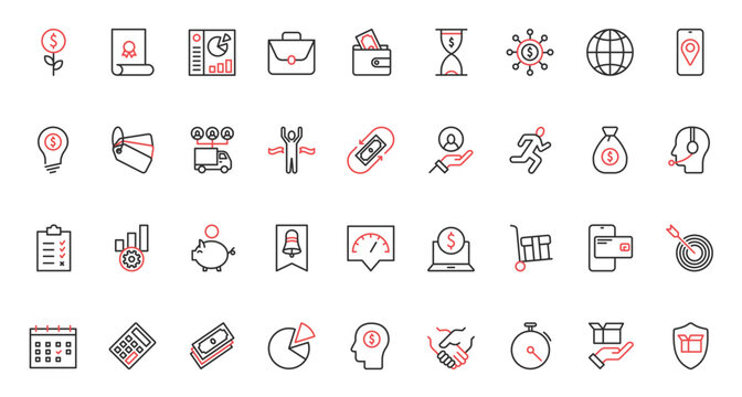 Collection with bank accounting and chart report, distribution and contract. Finance and budget, economy, financial investment and savings trendy red black thin line icons set vector illustration.