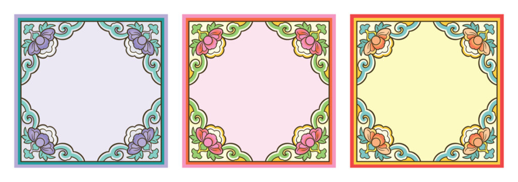 Traditional Chinese floral frame set with elegant ornamental borders and pastel floral corner decoration for invitation cards, greeting cards, packaging, and festive designs.