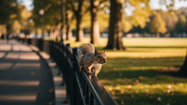 Animal - Curious Gray Squirrel Perching on Dark Metal Park Fence Rail in Sunny Urban Green Park
