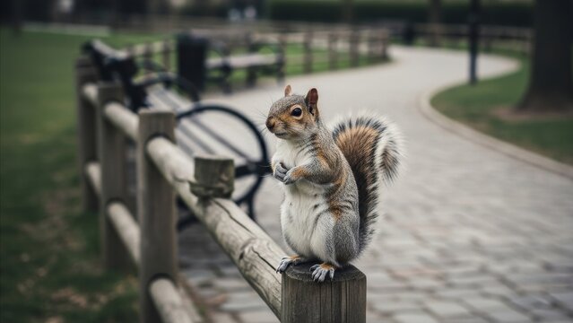 Animal - Curious Gray Squirrel Standing Upright on Wooden Fence Post in Urban Park with Cobblestone Path