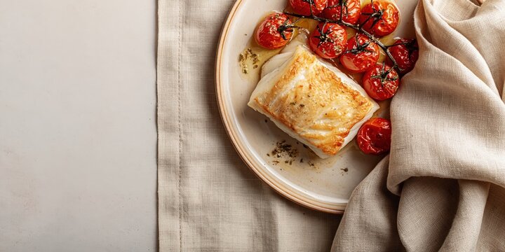 Flavorful and healthy meal idea featuring a white fish steak served with a side of vine roasted tomatoes