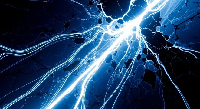 Powerful blue electric discharge and lightning bolt striking across dark cracked surface.