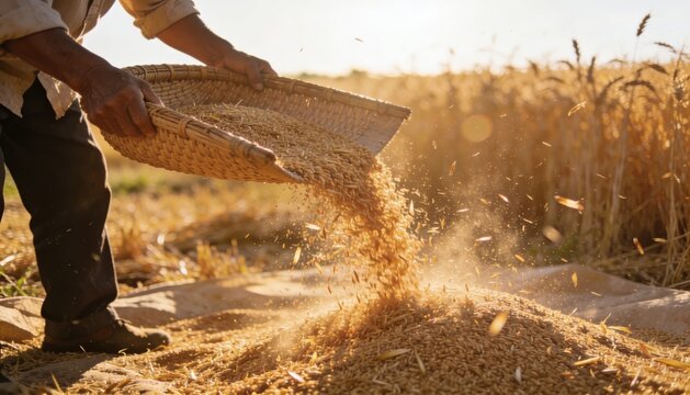 Farmer winnowing grain with a basket beside dry stalks in warm sunlight