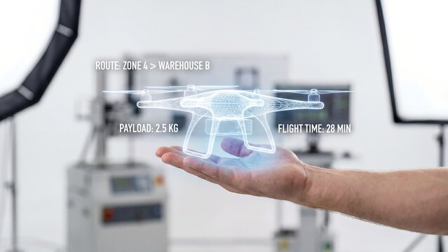Futuristic drone technology demonstration with holographic projection over a person's hand in a laboratory setting