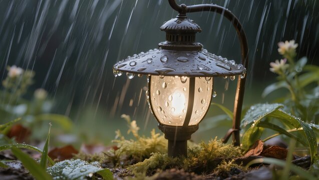 A warm glowing vintage-style garden lantern standing among green moss and plants during a heavy rain. Close-up shot with beautiful water droplets and raindrops on the metal surface