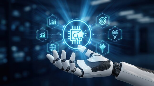 Robotic hand extending towards marketing automation icons in a digital landscape.