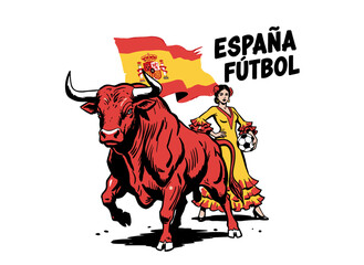 Powerful red bull and flamenco woman with soccer ball and Spanish flag, Espana futbol mascot vector illustration for sports apparel © Rizky Fadel