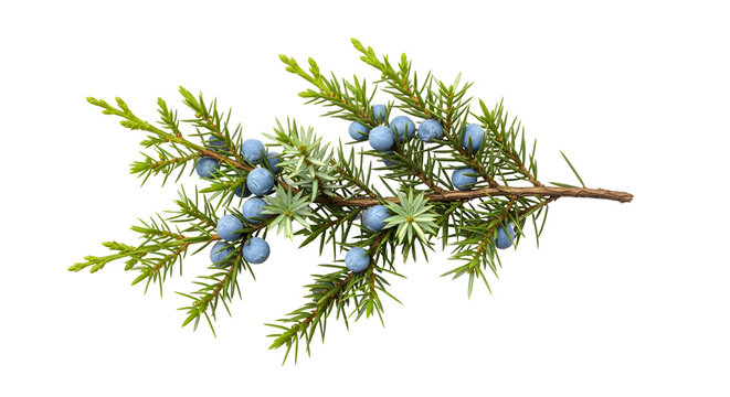 juniper branch with green needles and blue berries isolated on white background