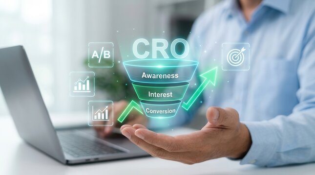 Conversion Rate Optimization (CRO) success strategy featuring a digital marketing funnel and ROI growth metrics.