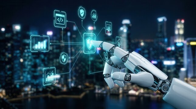 Futuristic robot hand interacting with digital technology icons against a city skyline for artificial intelligence and automation concepts.