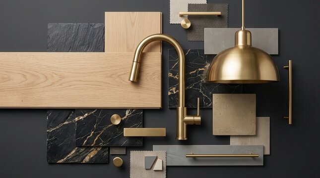 Luxurious interior design mood board with gold faucet, natural wood, and stone accents.