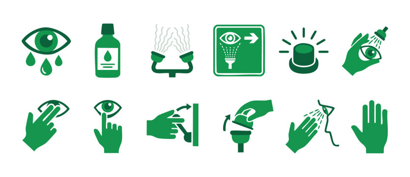 Emergency Eye Wash Station Safety Icons Set for Workplace Industrial Hazard Protocol and First Aid Procedures for Chemical Exposure Prevention, Flat Green Vector Pictogram Collection for Safety Signag