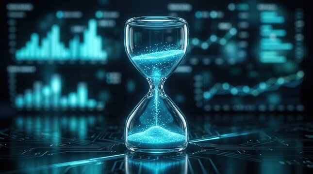 An hourglass with glowing sand measuring time against an abstract data graph for time management concepts.
