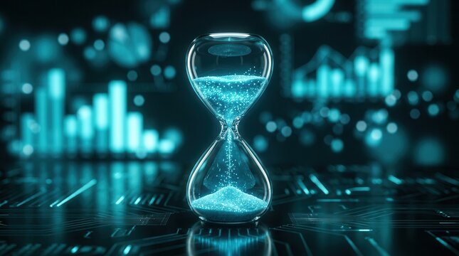 An hourglass with glowing sand measuring time against an abstract data graph for time management concepts.