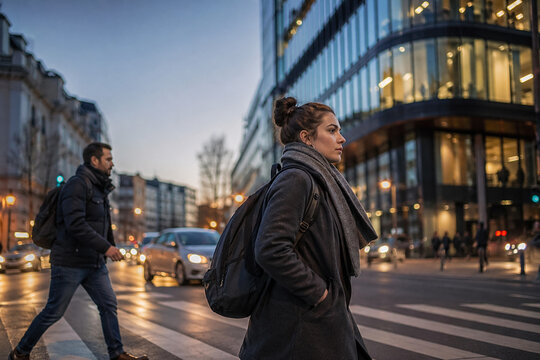 AI generated commuters crossing a busy urban intersection at dusk with traffic lights motion and city lifestyle atmosphere dynamic movement and evening rush hour in modern city
