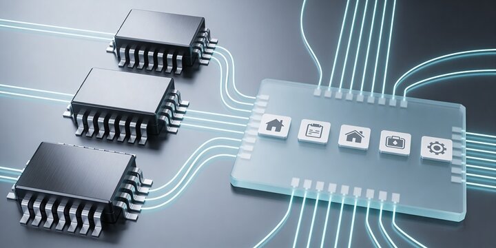 Dark chrome relay blocks linked to translucent cyan routing slab with icon tiles, minimal system orchestration and integration technology header with copy space
