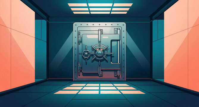 Large steel bank vault door standing closed in a secure room. Modern illustration with dramatic cinematic lighting. Wealth protection and financial security concept for banking and data privacy.