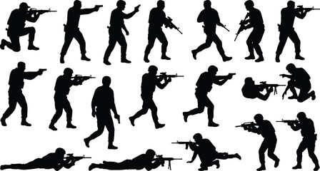 Military soldiers silhouettes set with tactical poses aiming shooting and running isolated on white background © MdShah