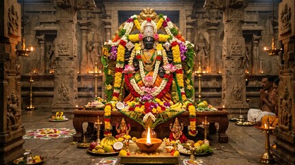 Obraz premium Decorative Vishnu idol adorned with vibrant flowers and lit diya during Ekadashi Vrata ritual in a traditional temple setting