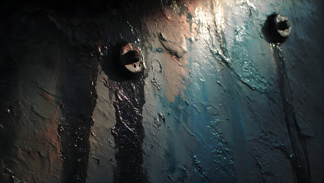 Abstract textured wall with rust and peeling blue paint