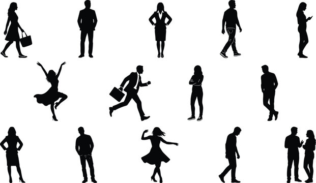 People silhouettes collection with walking standing running and dancing characters isolated on white background for lifestyle design