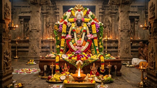 Decorative Vishnu idol adorned with vibrant flowers and lit diya during Ekadashi Vrata ritual in a traditional temple setting