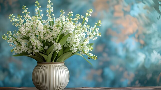 Elegant white gypsophila flowers in vase on wooden table with blurred world map background