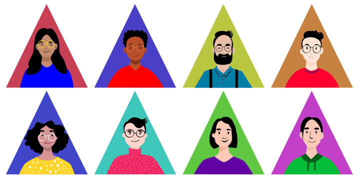 Conjunto de retratos ilustrados de personas diversas en estilo plano con fondos de colores y formas triangulares